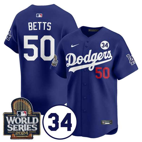 Men's Los Angeles Dodgers #50 Mookie Betts Royal 2024 World Series With No. 34 Patch Cool Base Stitched Jersey Dzhi,We sell and wholesale Men's Los Angeles Dodgers #50 Mookie Betts Royal 2024 World Series With No. 34 Patch Cool Base Stitched Jersey Dzhi on line form chian!